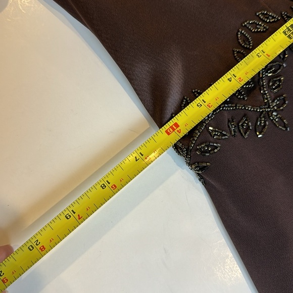 Vintage Oleg Cassini Black Tie Brown Satin Beaded Short Sleeve Dress Sz 12 - Picture 10 of 17
